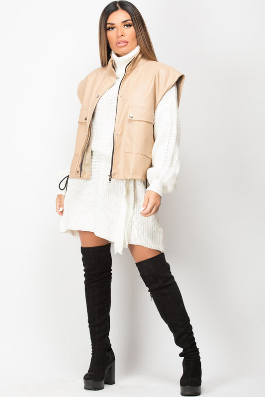 Faux Leather Sleeveless Jacket Beige