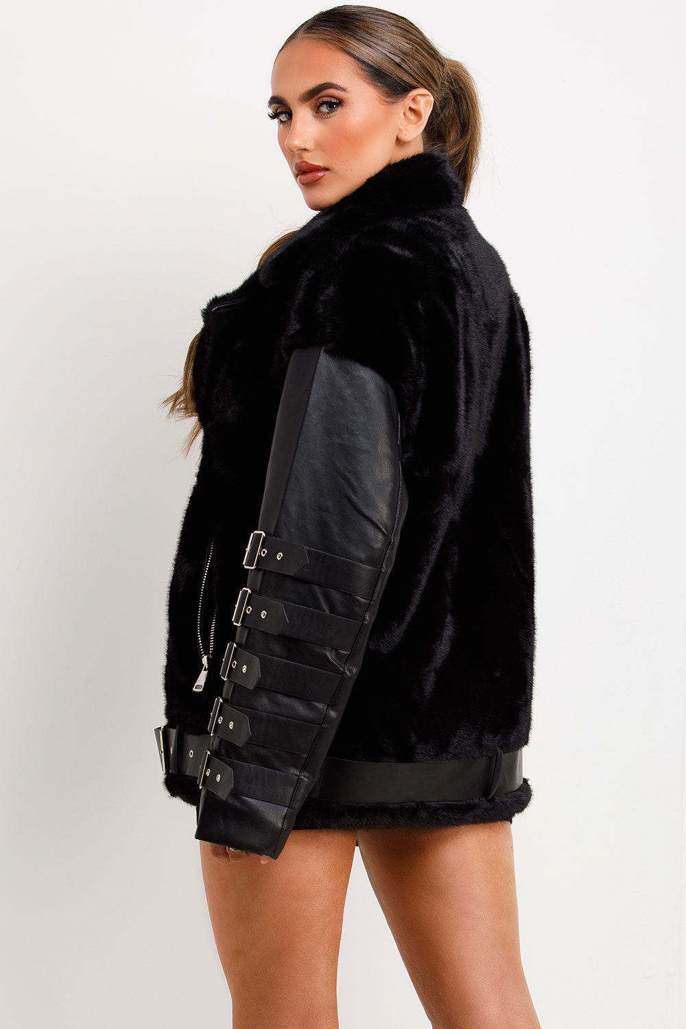 Faux Fur Faux Leather Aviator Jacket With Strap Sleeve Detail Black