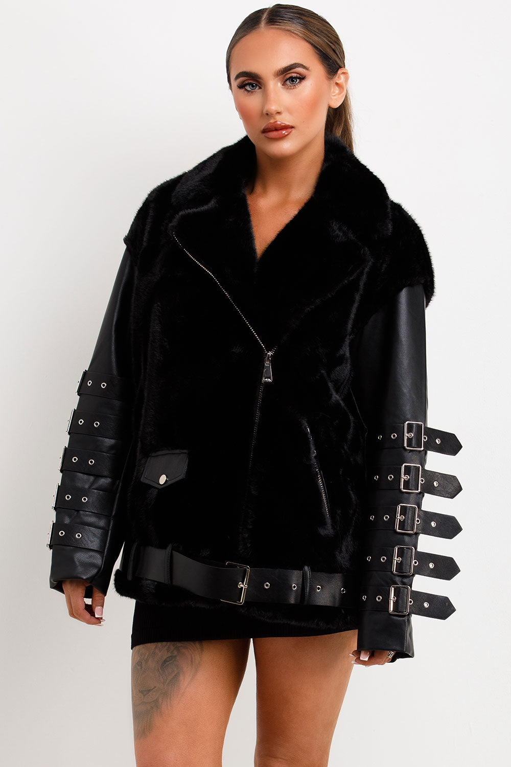 Faux Fur Faux Leather Aviator Jacket With Strap Sleeve Detail Black