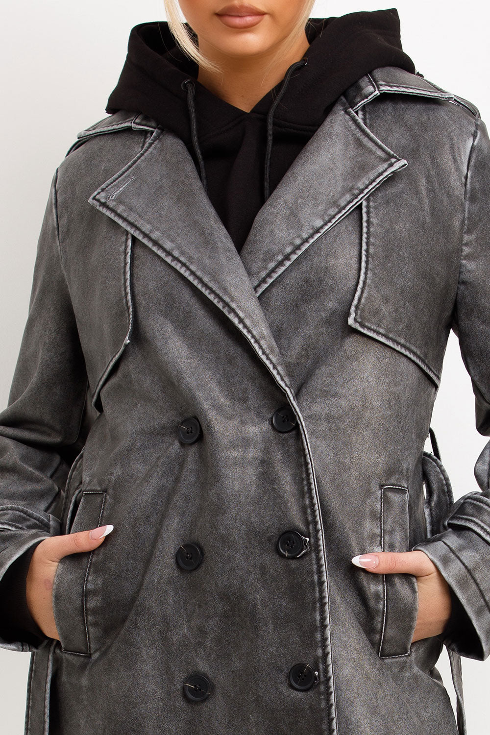 Faux Leather trench Coat With Belt Grey