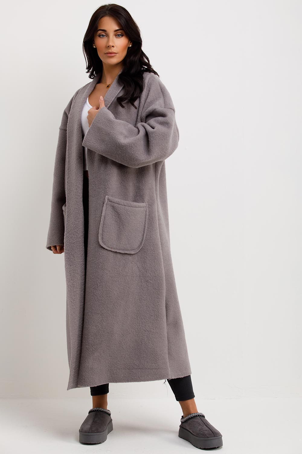 Longline Oversized Wool Look Coat With Pockets Grey