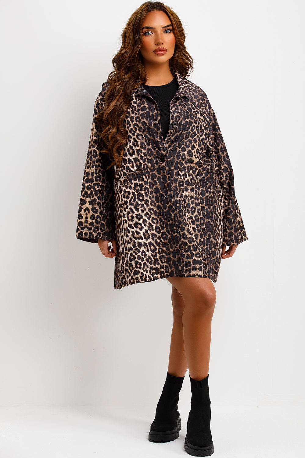 Oversized Leopard Print Woven Coat