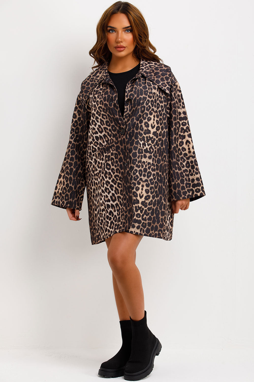 Oversized Leopard Print Woven Coat