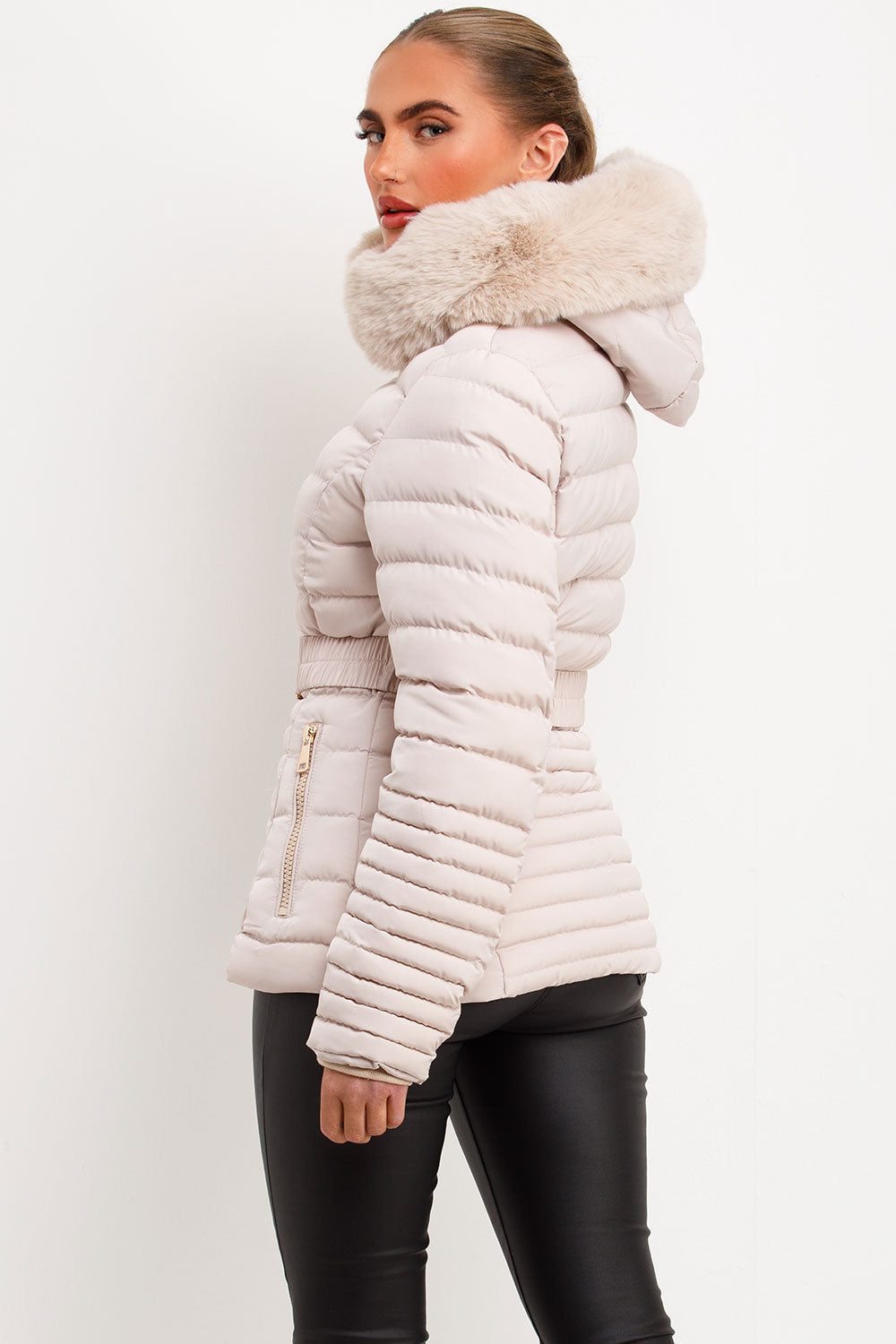 Puffer Jacket With Faux Fur Hood And Gold Belt Beige