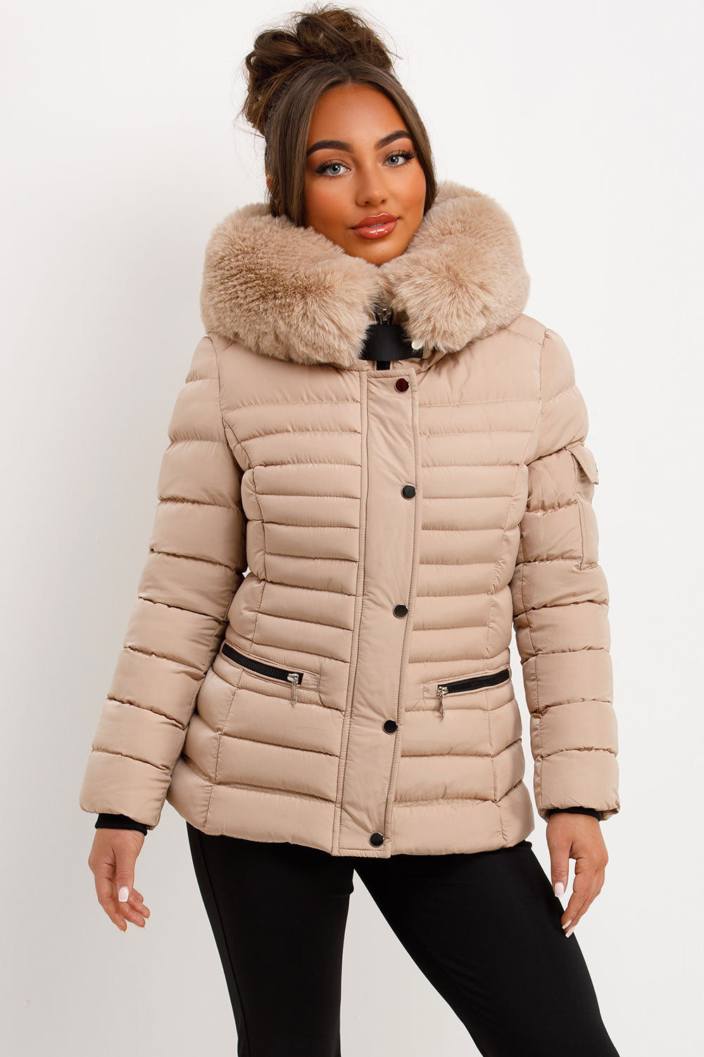 Puffer Jacket With Faux Fur Hood Side Buckle Detail Beige