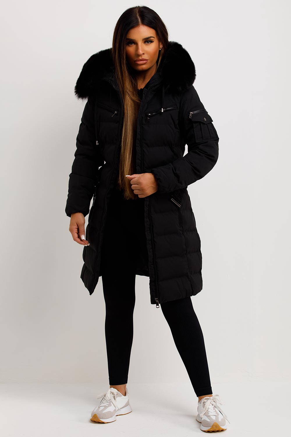 Long Puffer Coat With Fur Hood And Belt Black