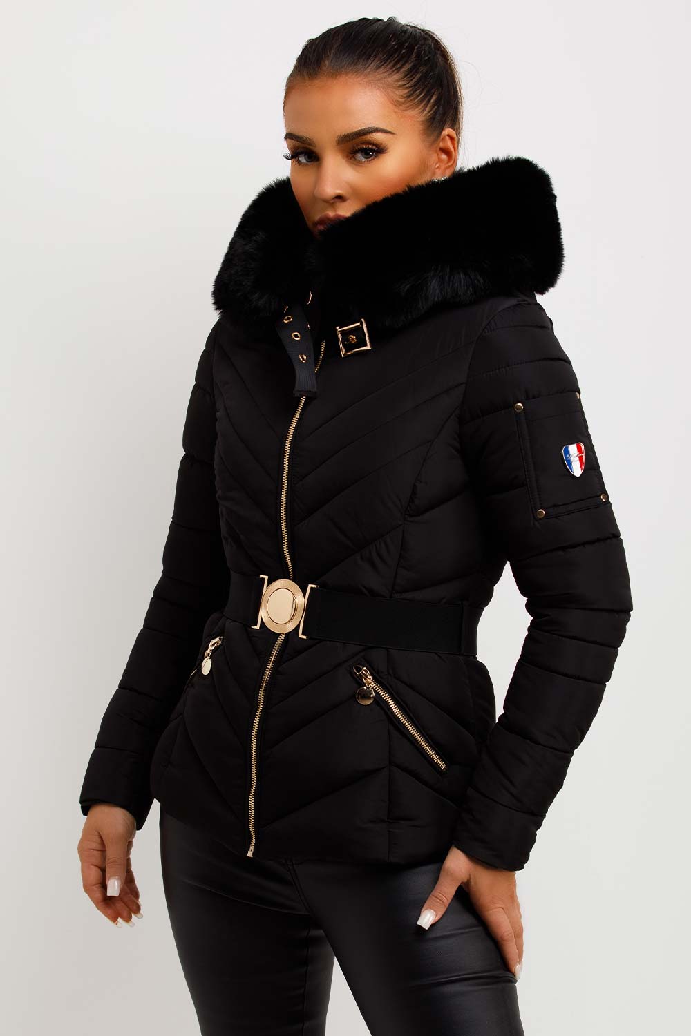 Puffer Jacket With Fur Hood And Belt Black