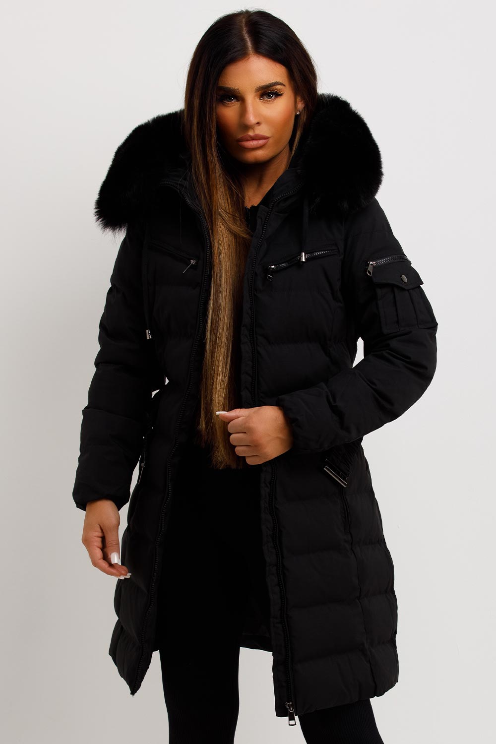 Long Puffer Coat With Fur Hood And Belt Black