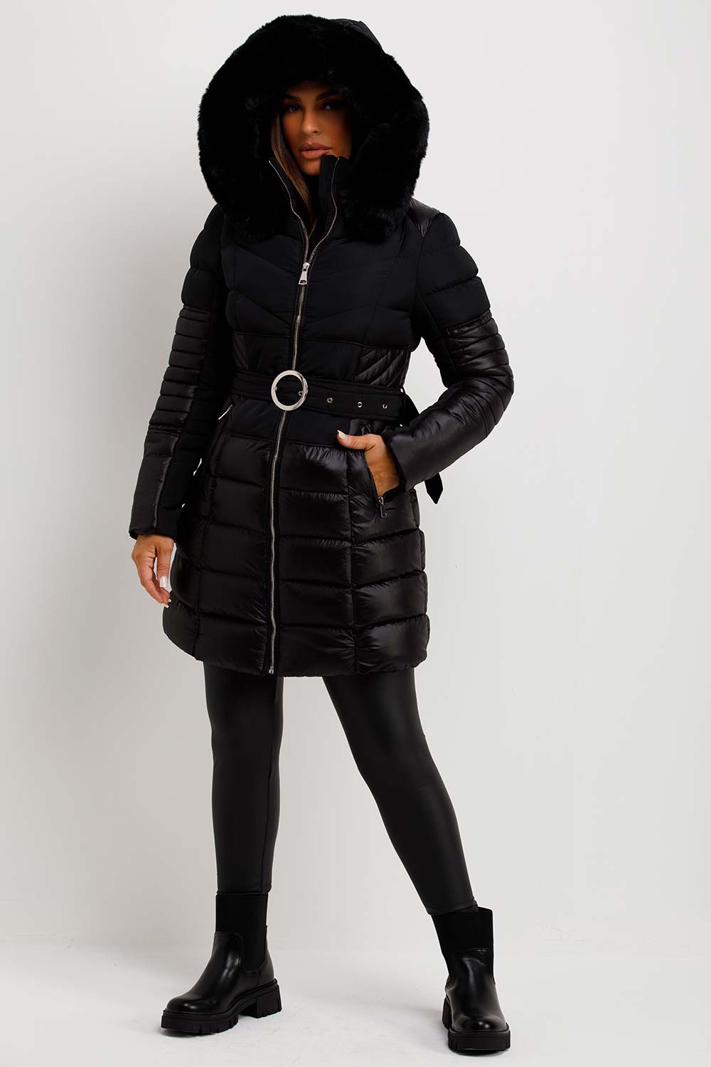 Puffer Coat With Fur Hood And Belt Black