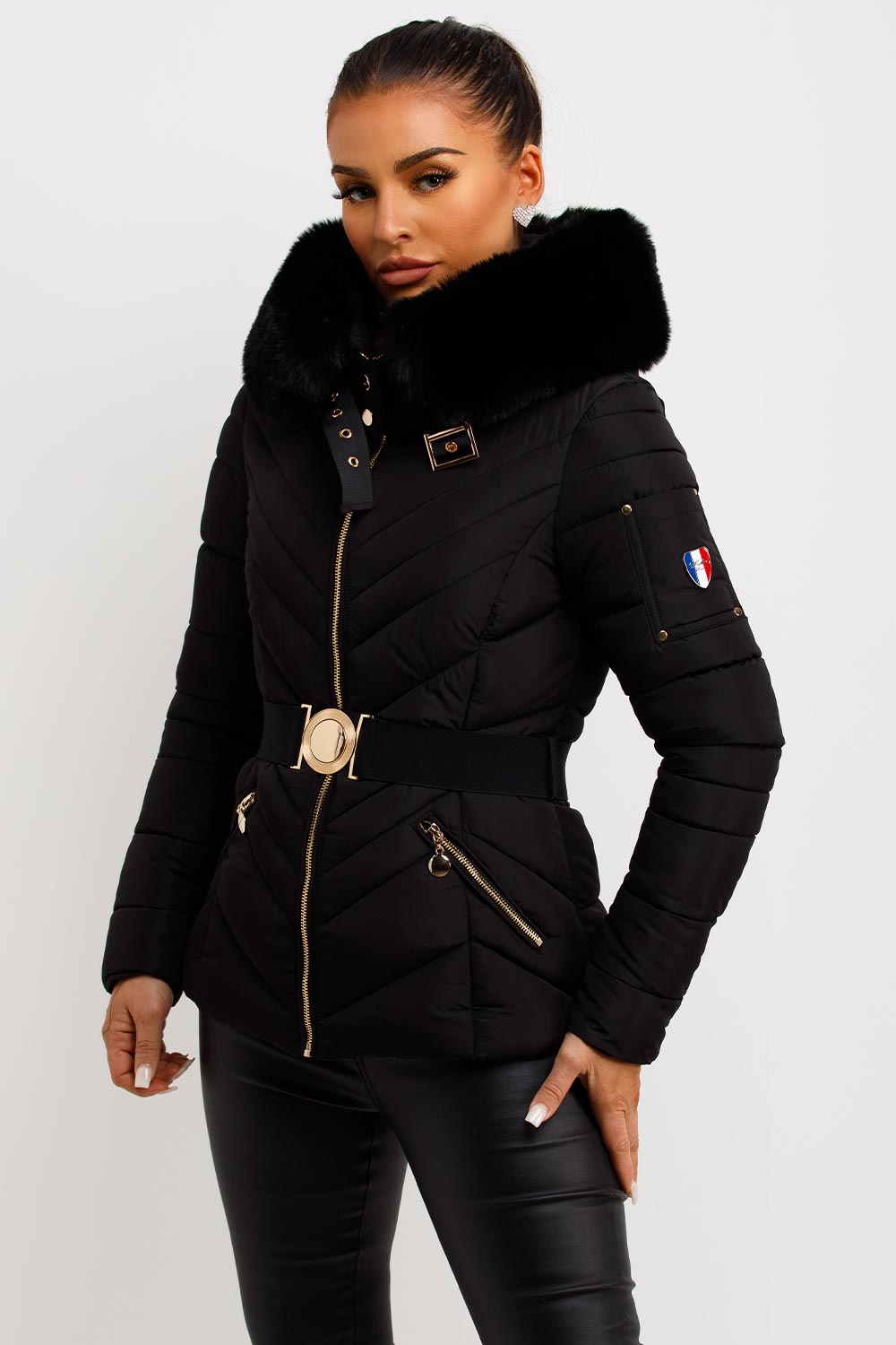 Puffer Jacket With Fur Hood And Belt Black