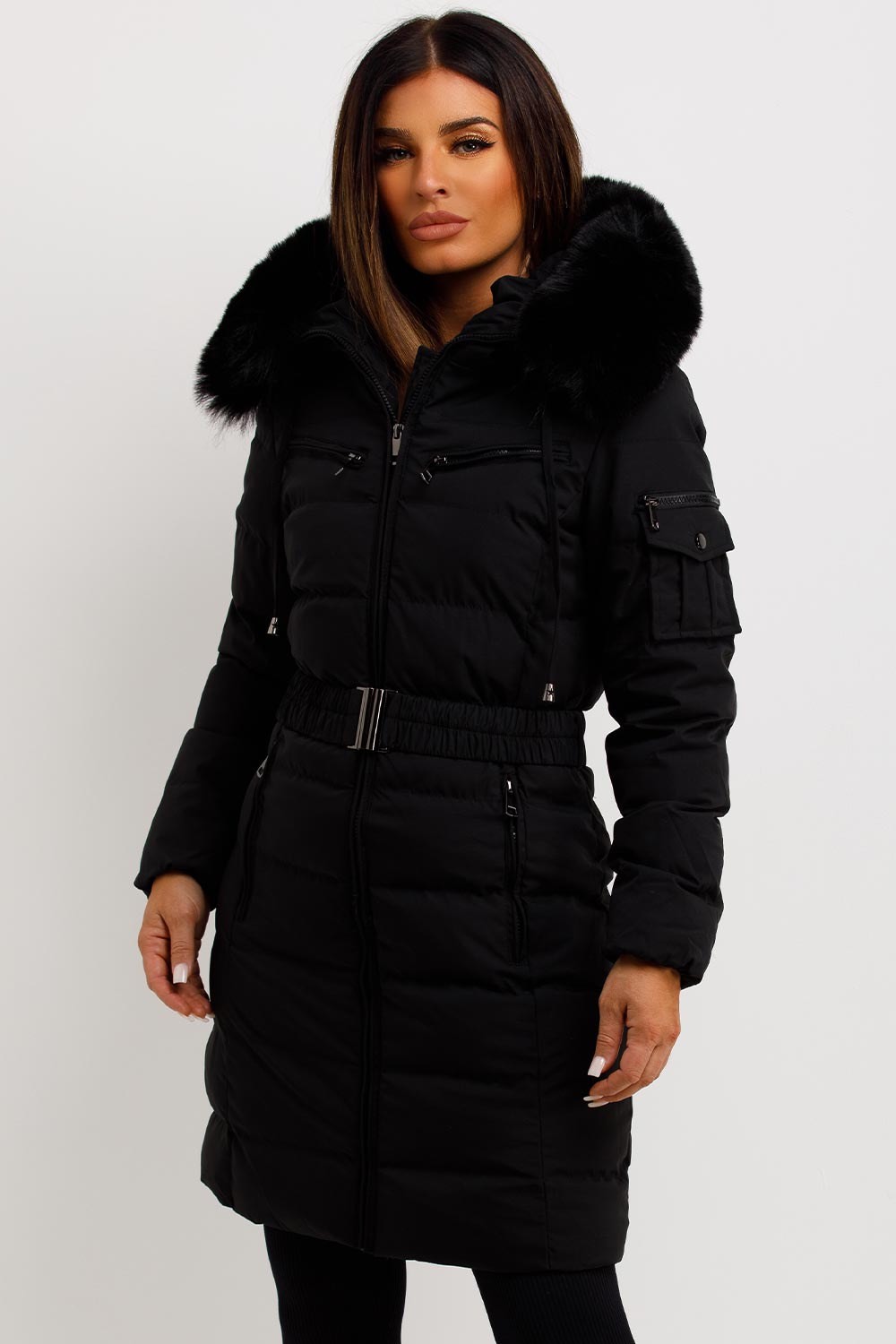 Long Puffer Coat With Fur Hood And Belt Black