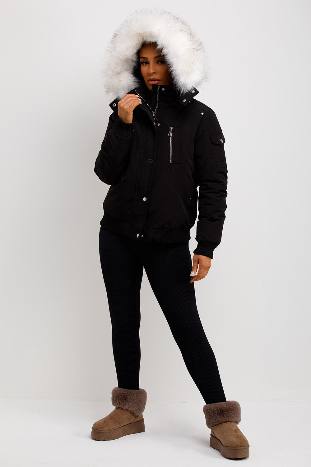 Canada Bomber Jacket With Faux Fur Hood Black