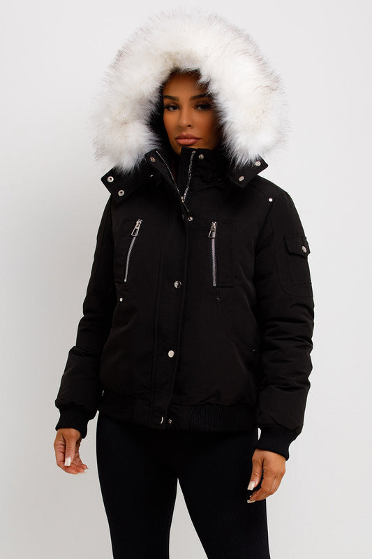 Canada Bomber Jacket With Faux Fur Hood Black