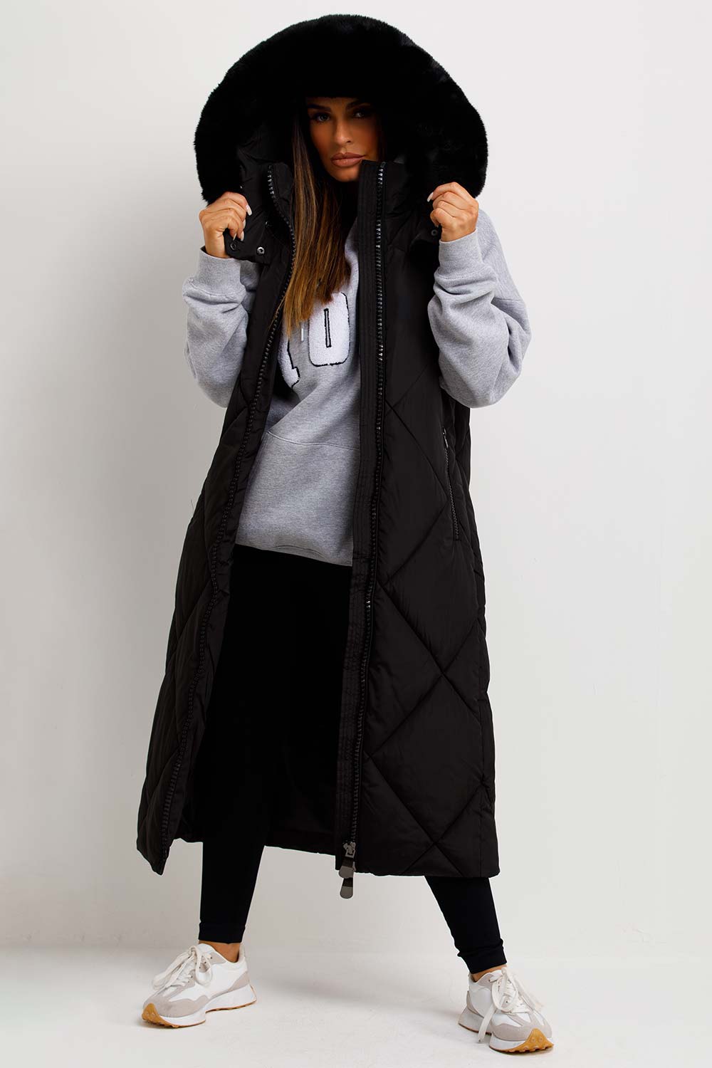 Black Long Puffer Gilet With Fur Hood