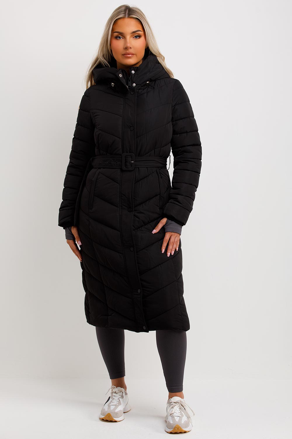 Long Padded Puffer Coat With Belt Black