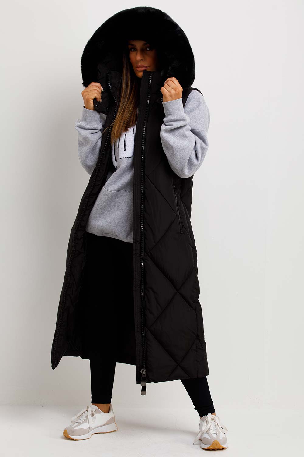 Black Long Puffer Gilet With Fur Hood