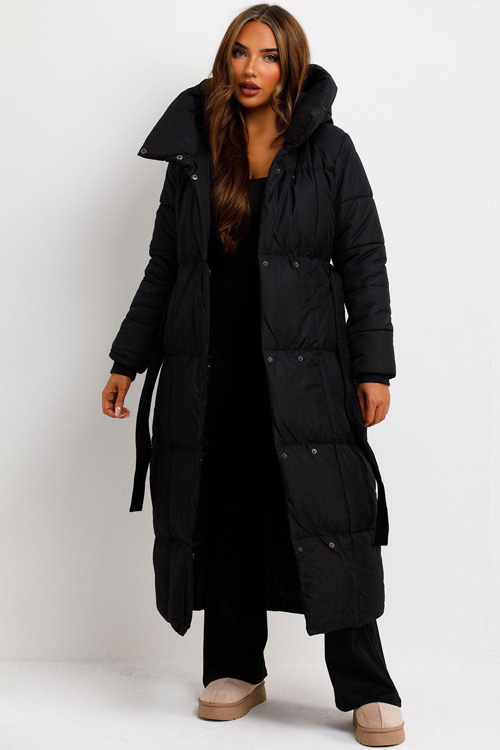 Long Puffer Coat With Hood And Belt Black