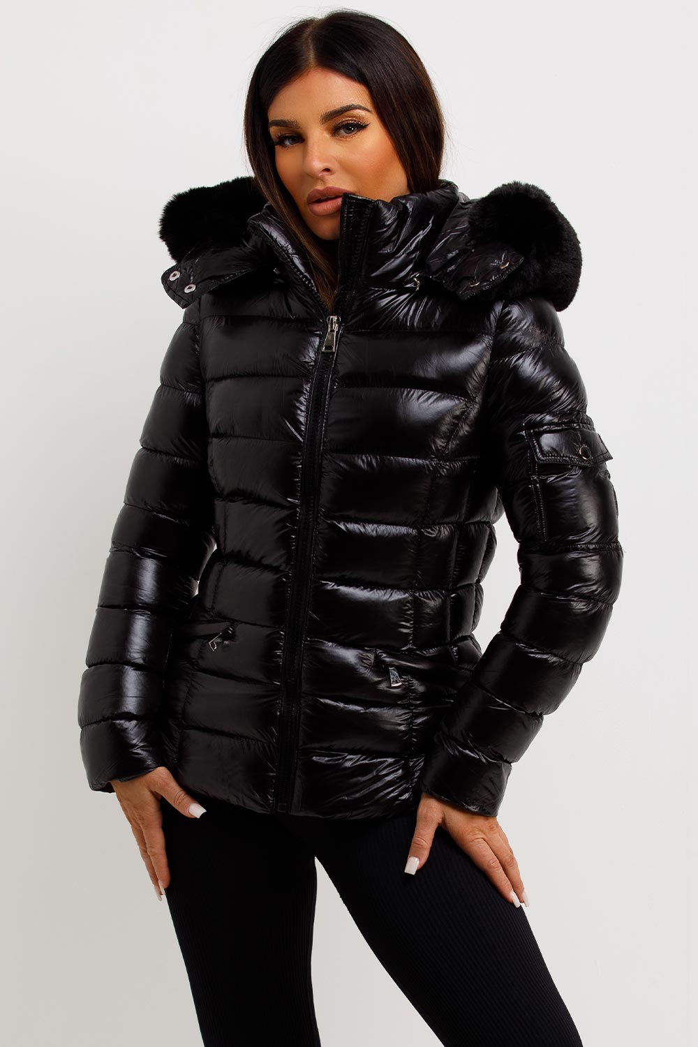 Black Shiny Puffer Jacket With Fur Hood