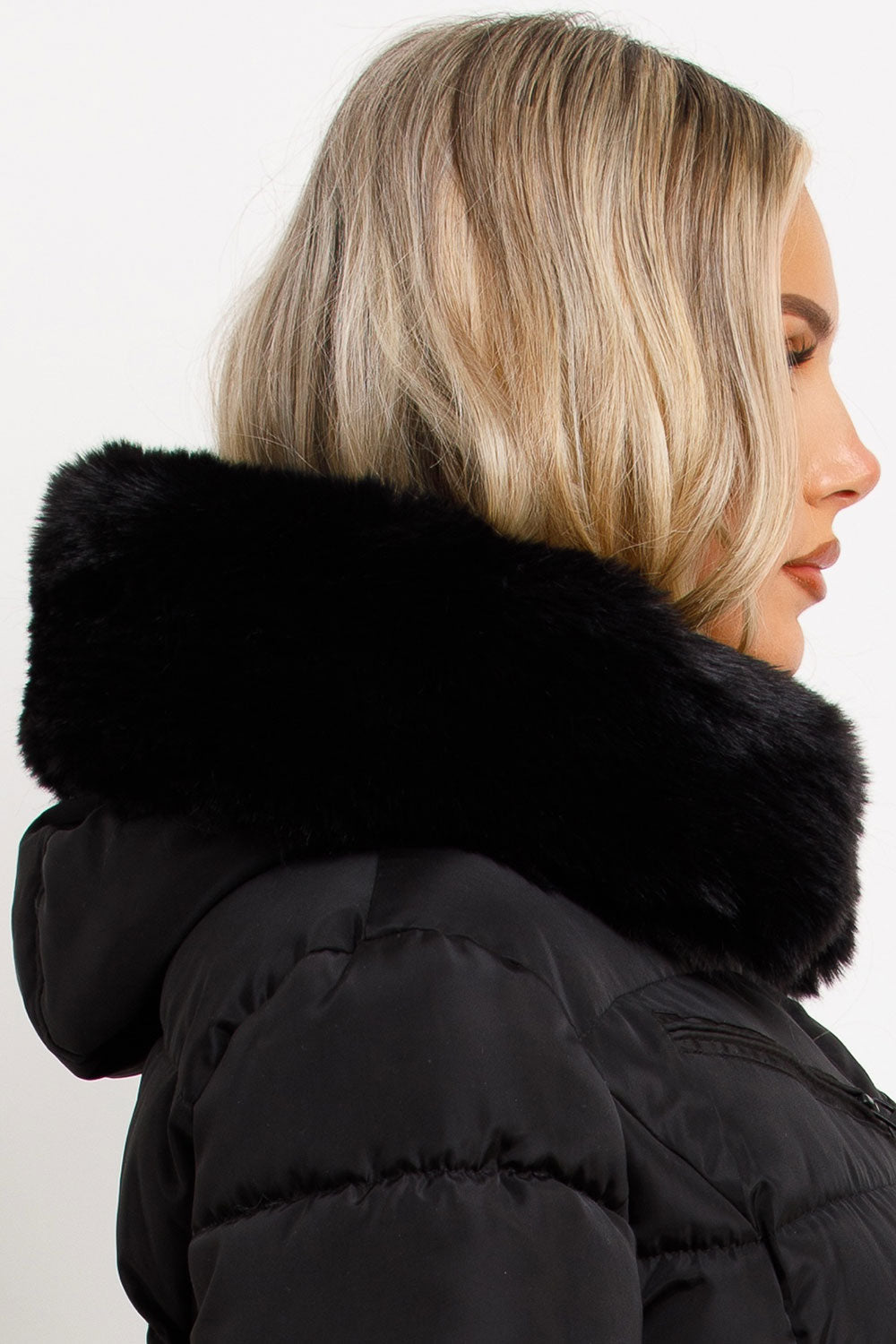 Black Faux Fur Hood Jacket With Belt