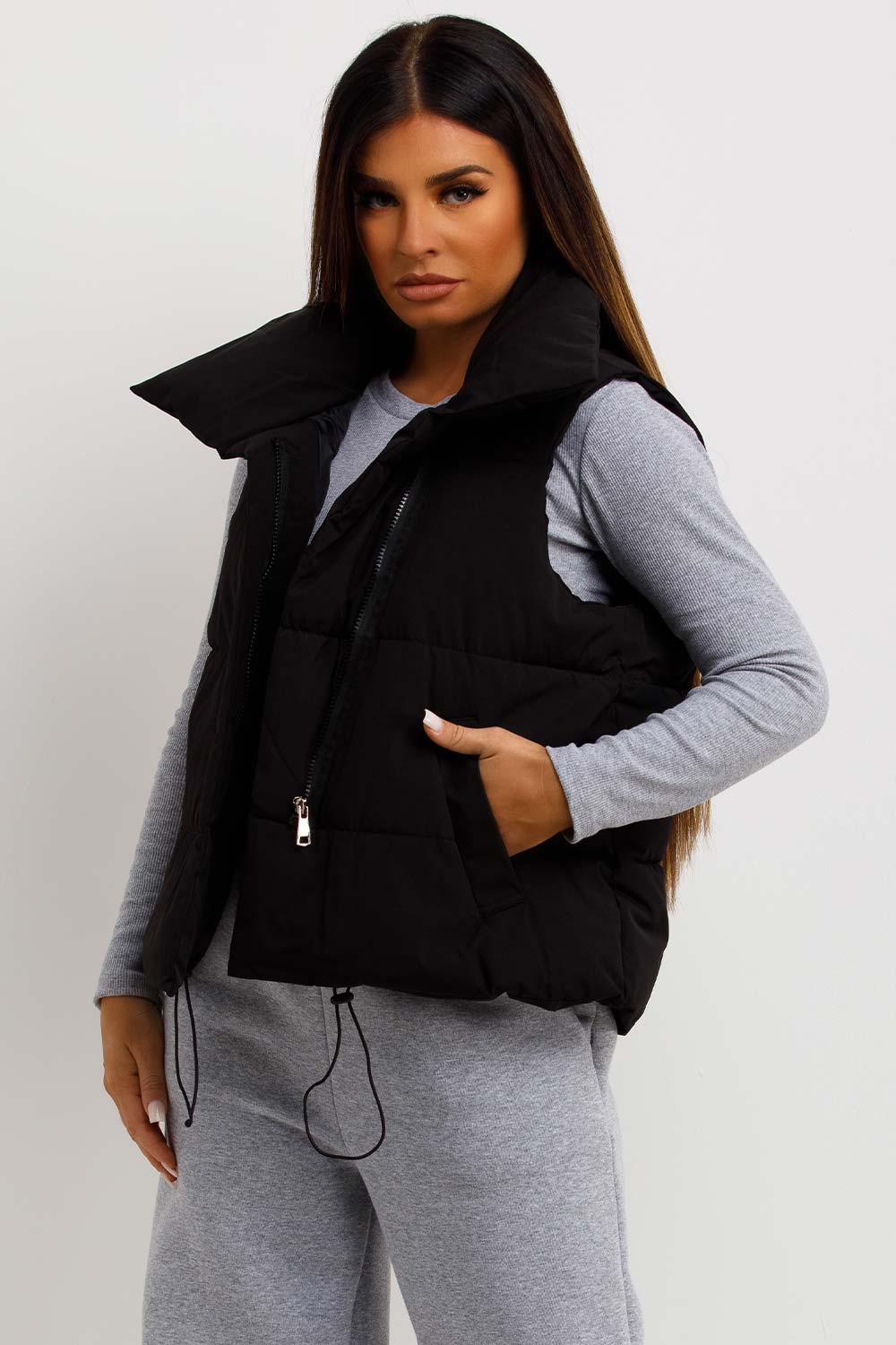 Black Puffer Duvet Gilet With Drawstrings