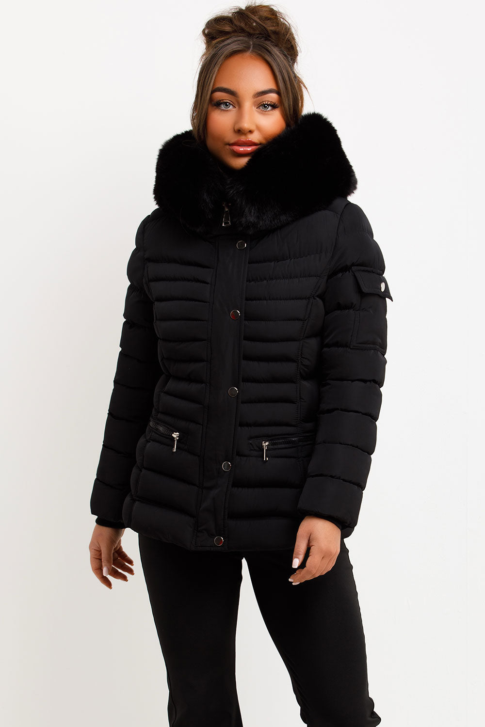 Puffer Jacket With Faux Fur Hood Side Buckle Detail Black