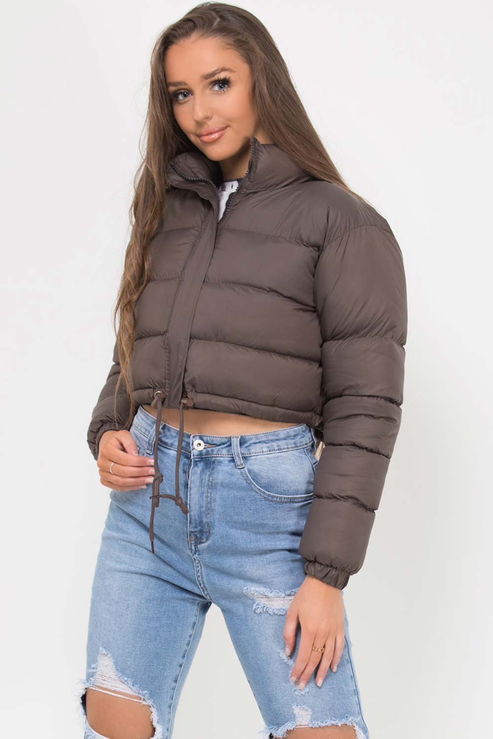 Cropped Padded Puffer Jacket Brown