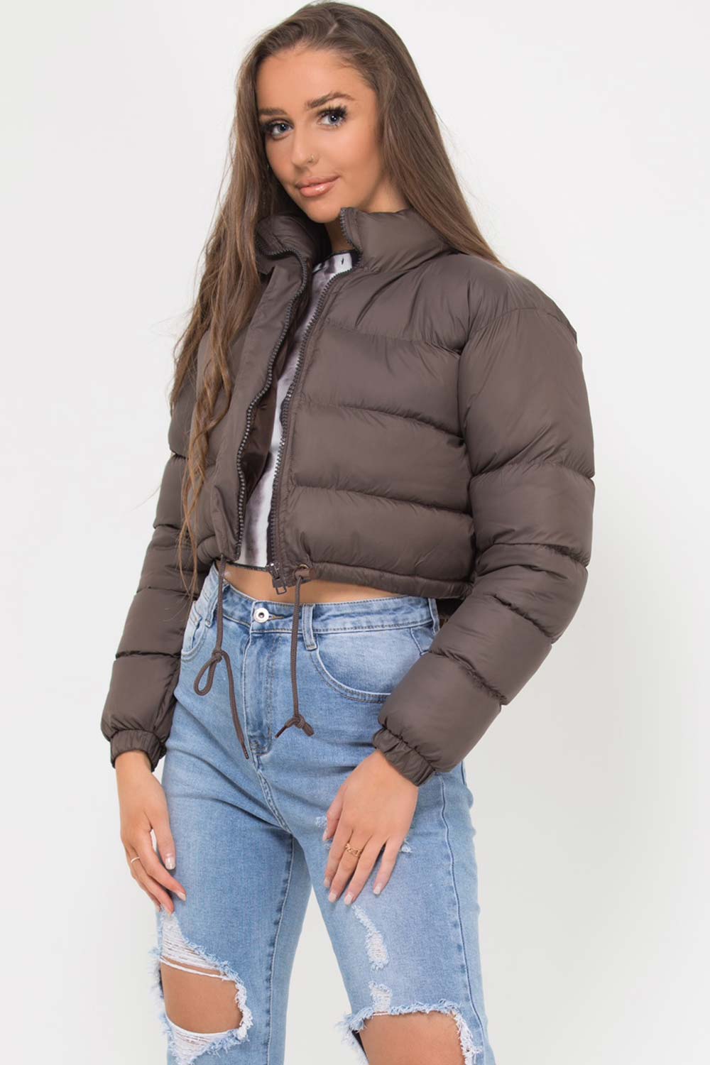 Cropped Padded Puffer Jacket Brown