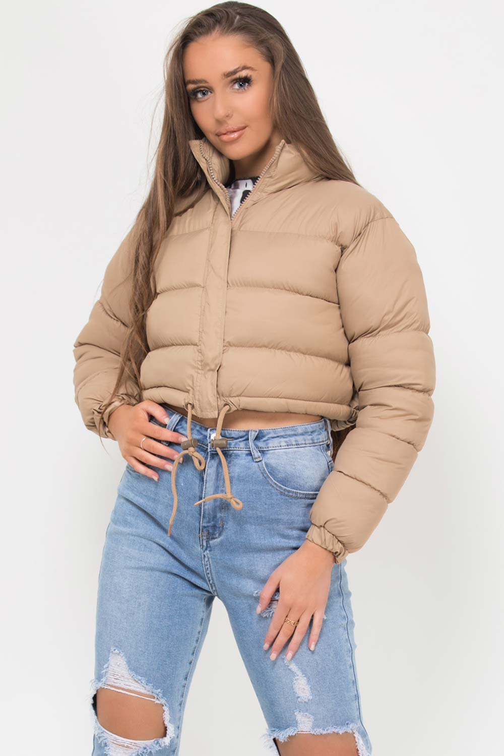 Cropped Padded Puffer Jacket Stone