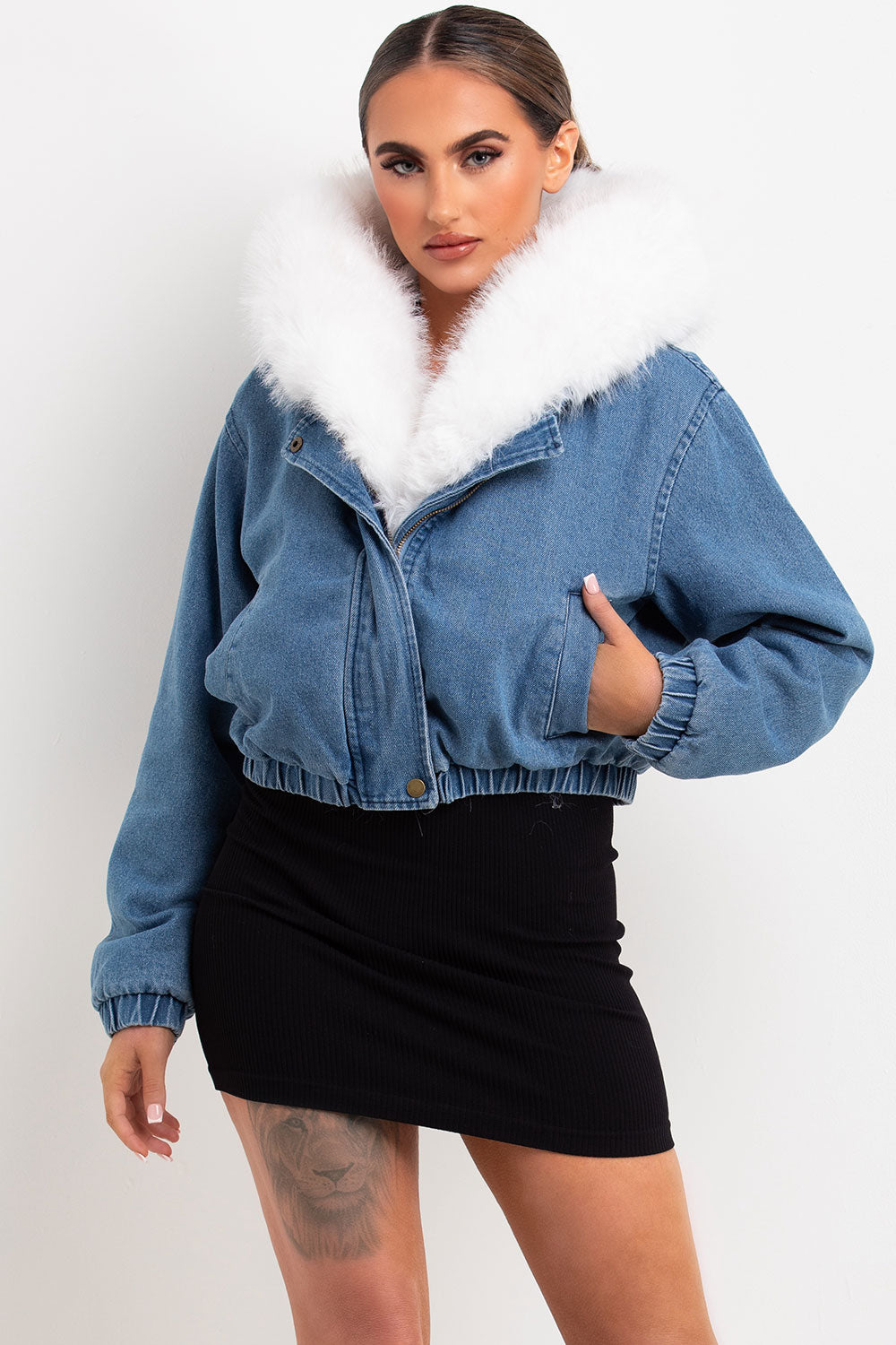 Denim Bomber Jacket With White Faux Fur Hood And Trim