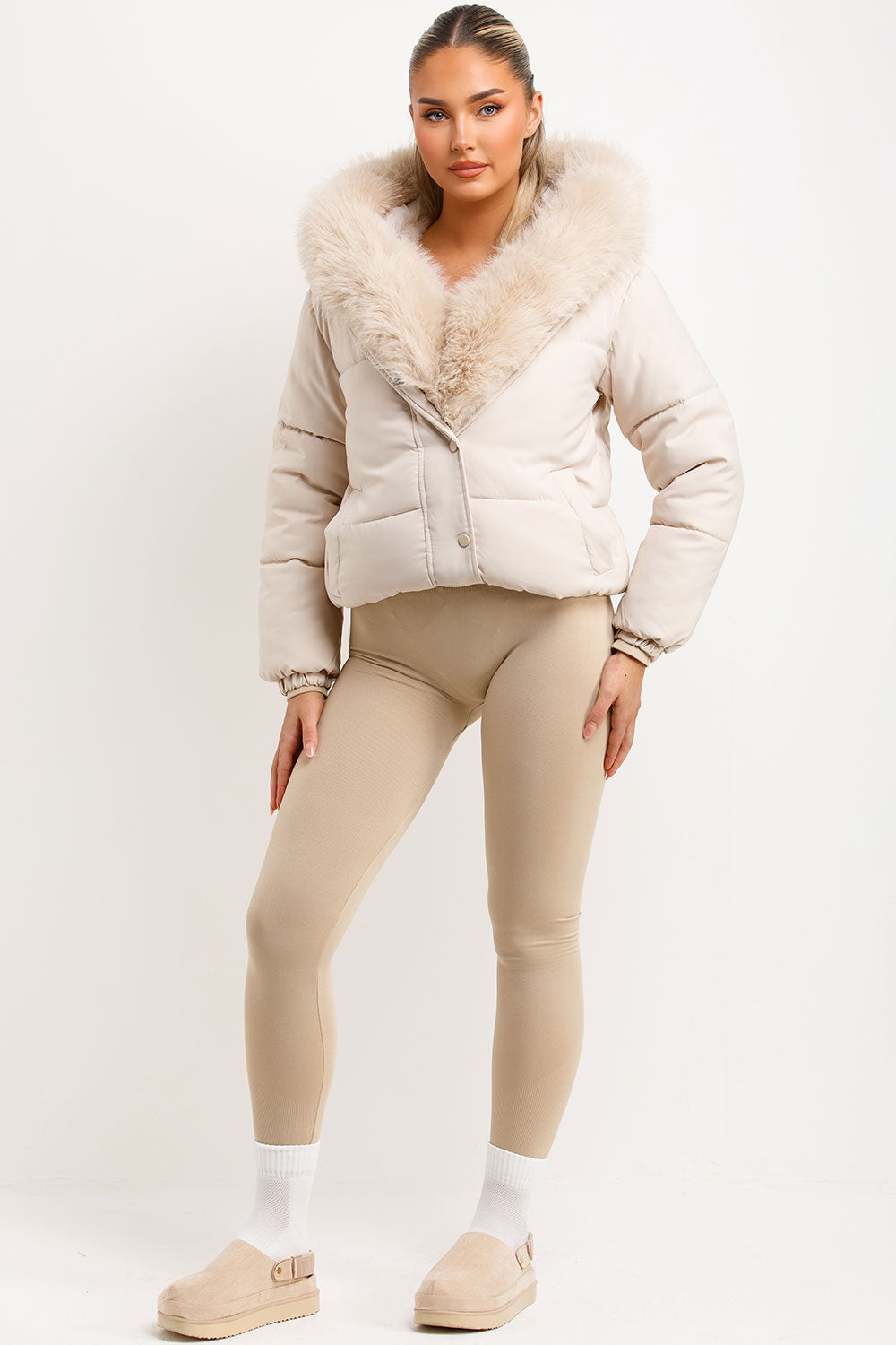 Bomber Jacket With Fur Hood And Trim Beige