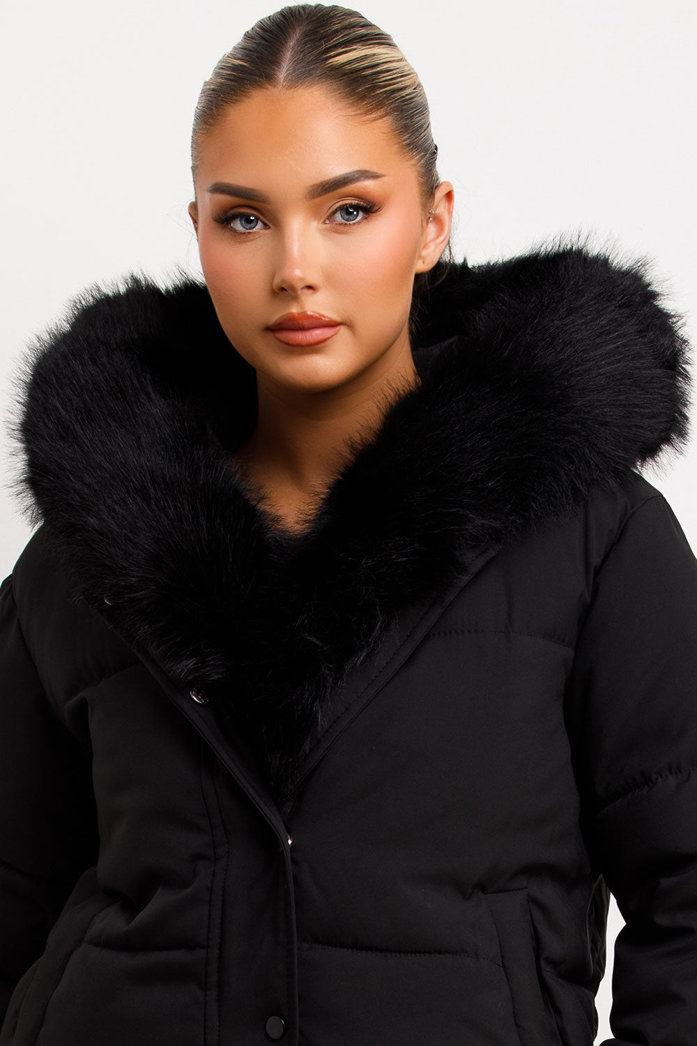 Bomber Jacket With Fur Hood And Trim Black