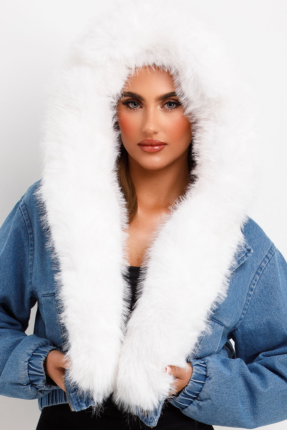 Denim Bomber Jacket With White Faux Fur Hood And Trim