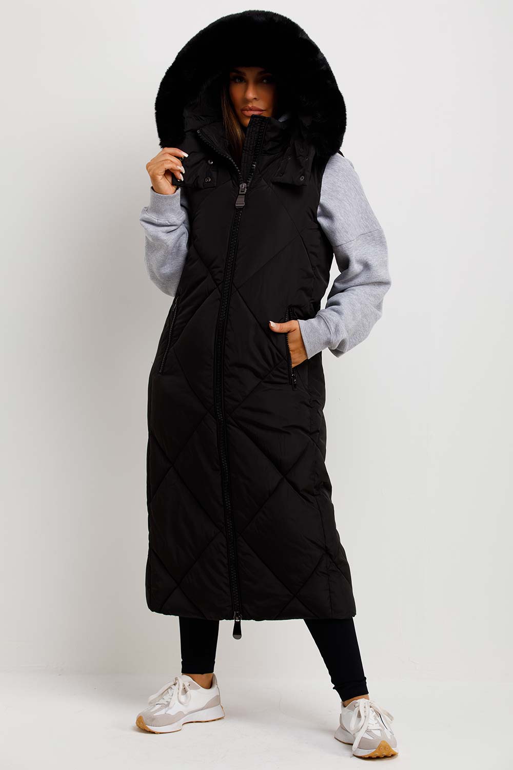 Black Long Puffer Gilet With Fur Hood