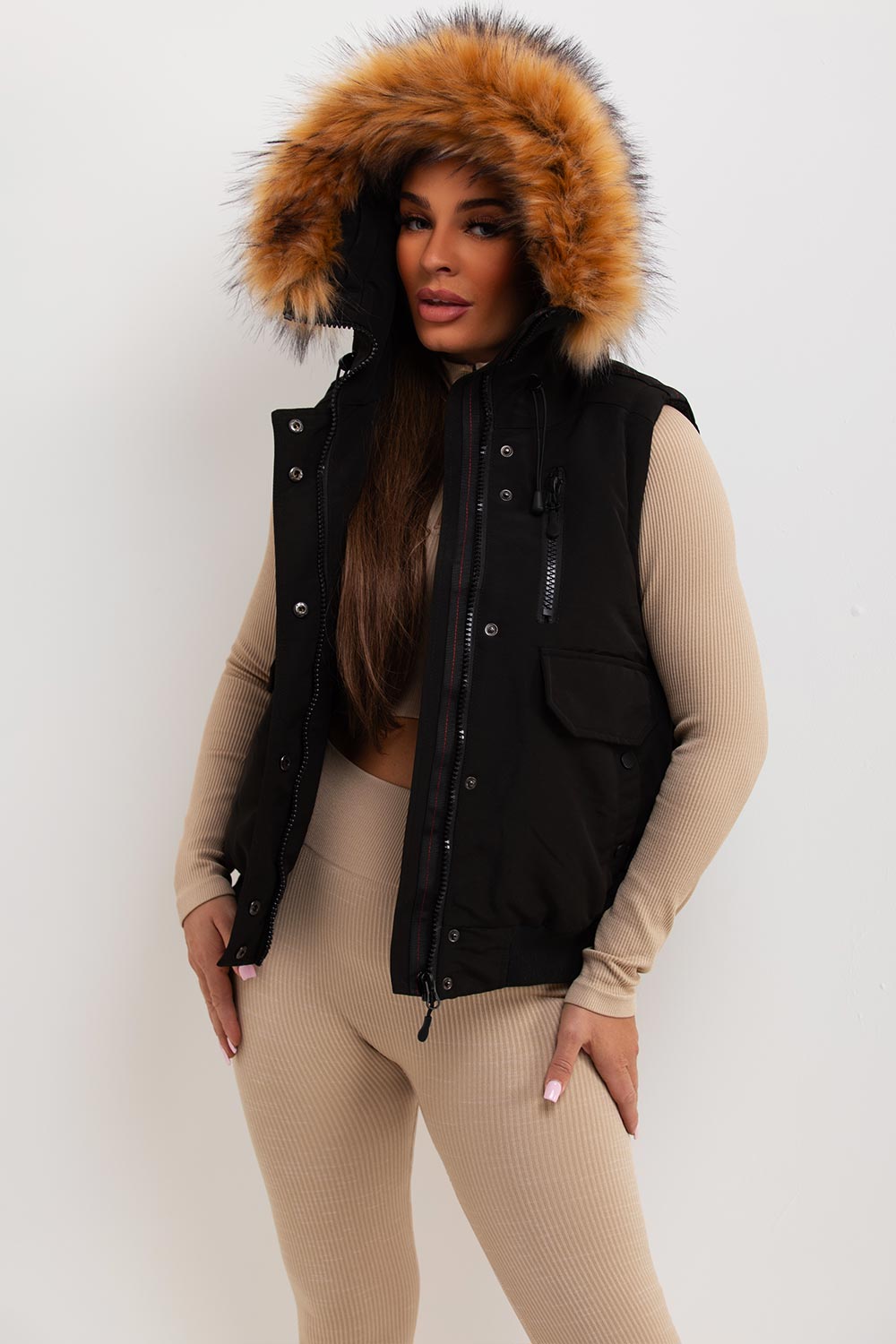 Black Gilet With Fur Hood