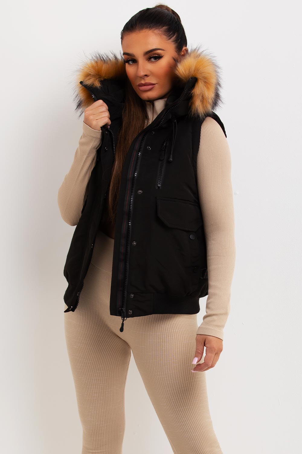 Black Gilet With Fur Hood