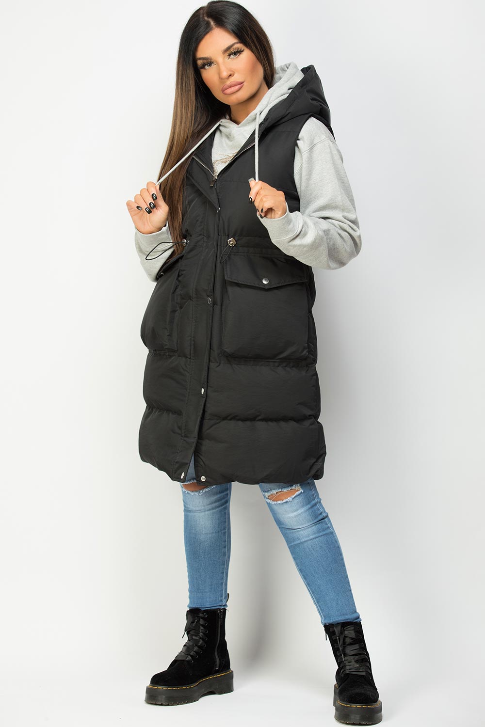 Black Padded Gilet With Drawstring Waist Longline