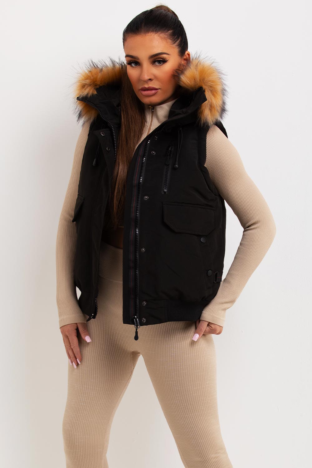 Black Gilet With Fur Hood