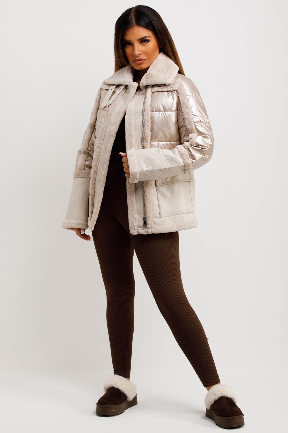 Faux Fur Trim Faux Suede Jacket In Rose Gold