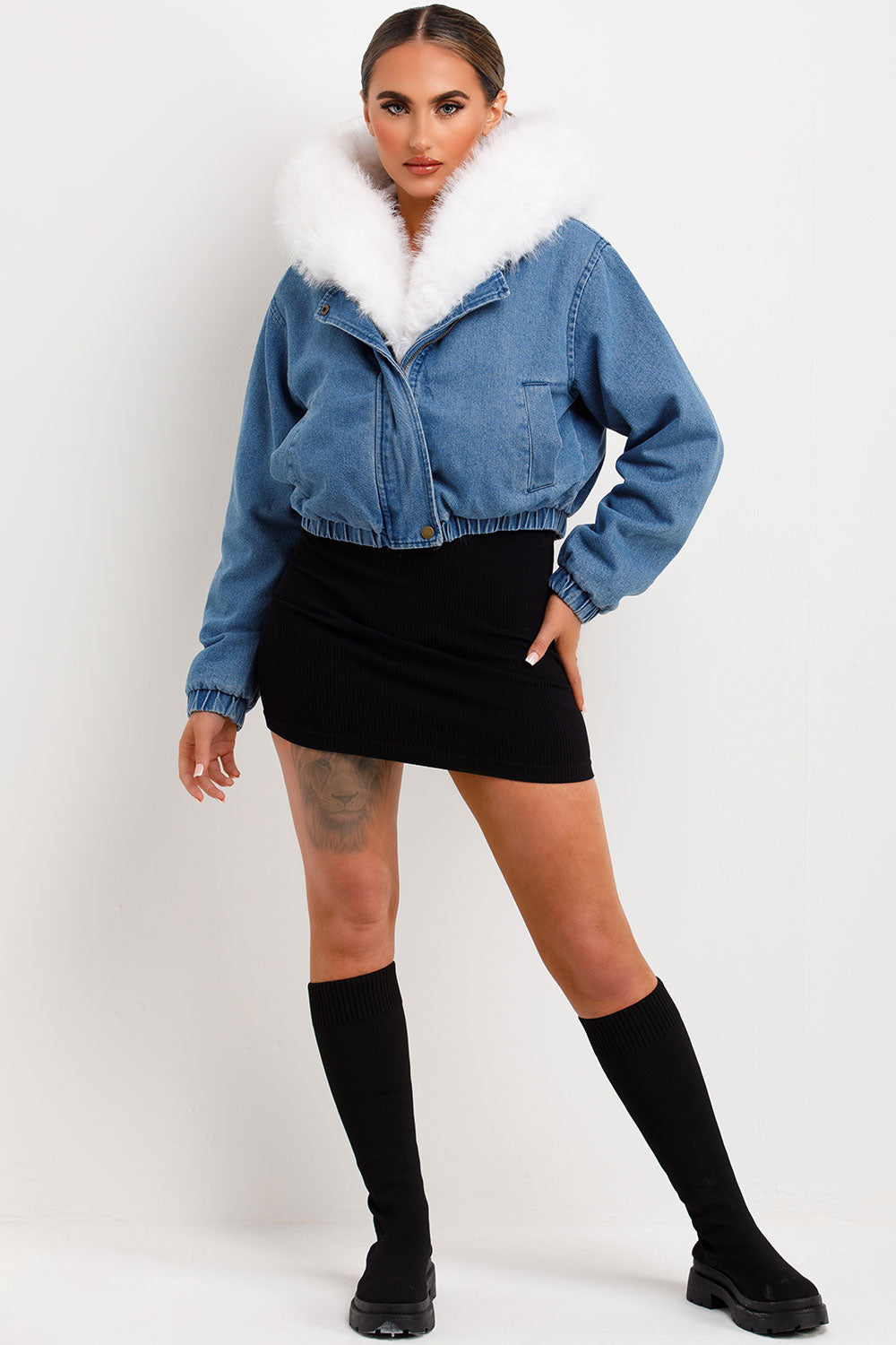 Denim Bomber Jacket With White Faux Fur Hood And Trim