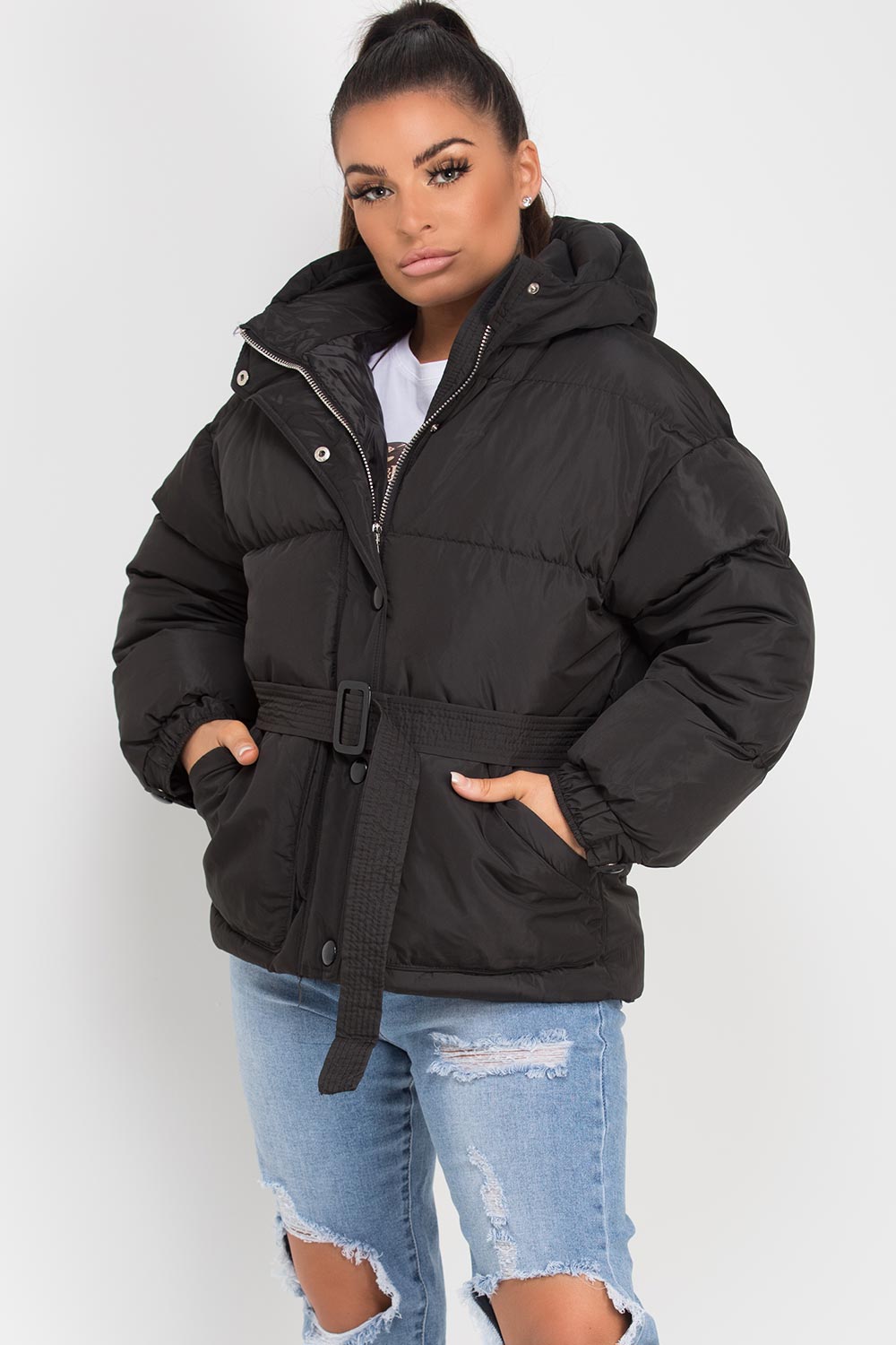 Black Puffer Padded Jacket With Belt