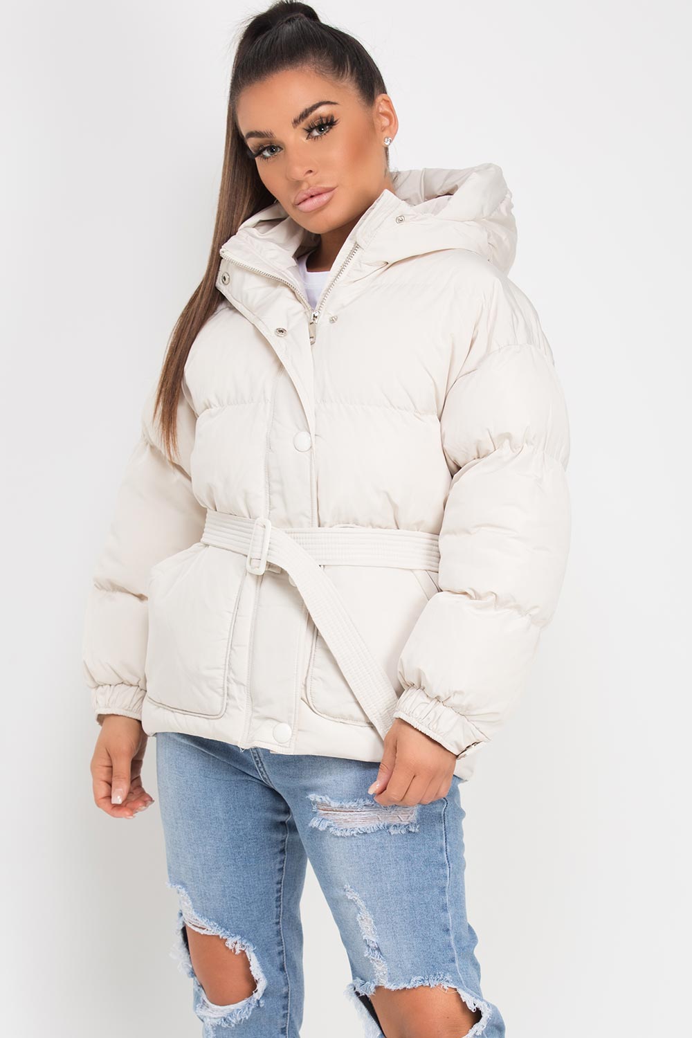 Puffer Padded Jacket With Belt Beige