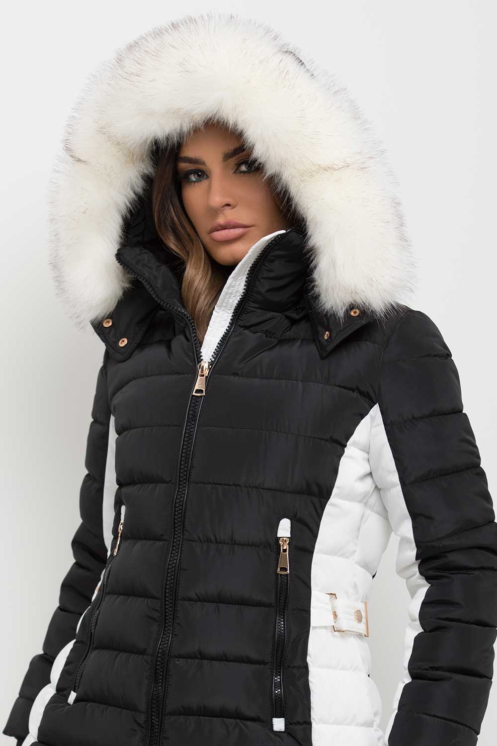 Puffer Jacket With Faux Fur Hood Black And White