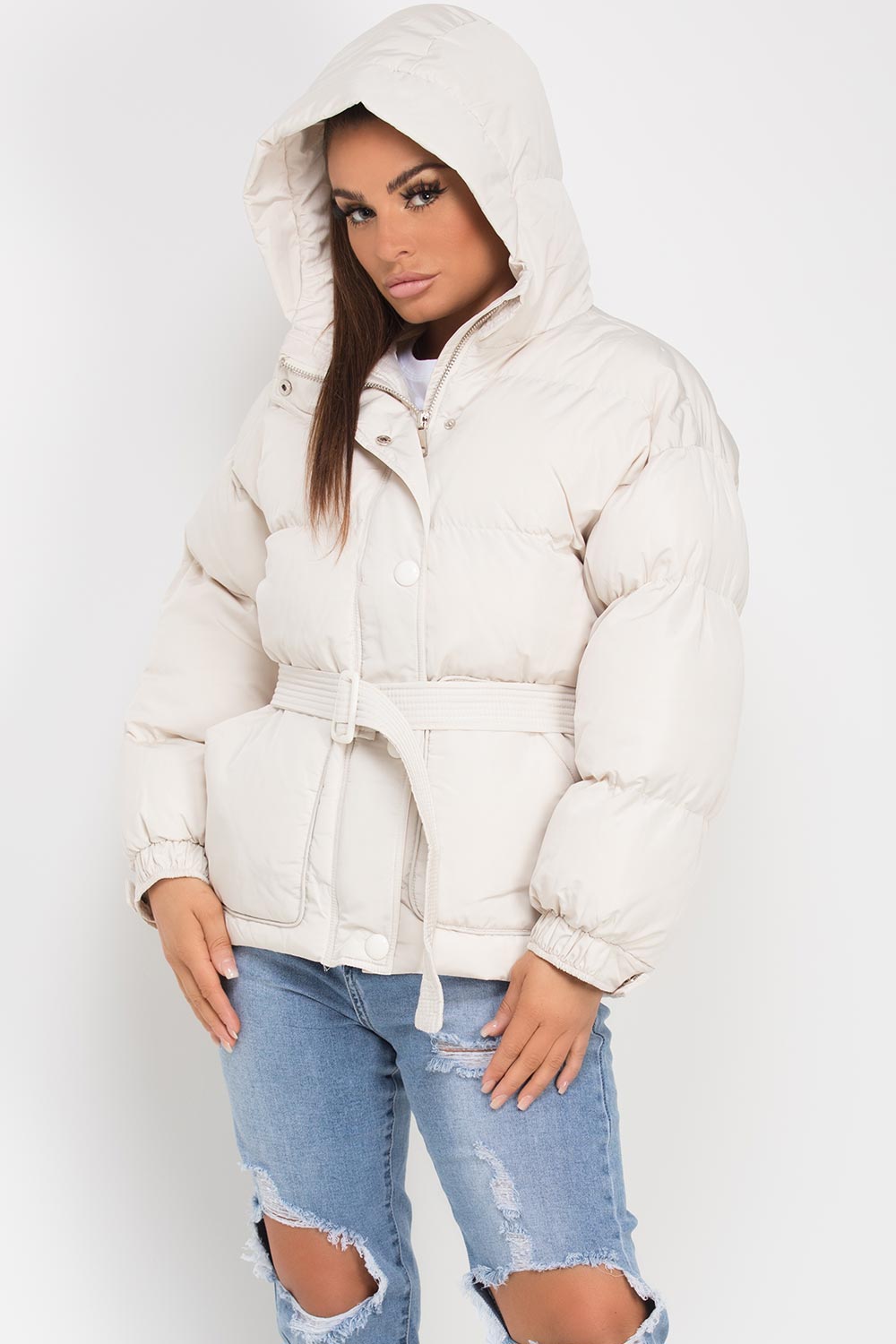 Puffer Padded Jacket With Belt Beige