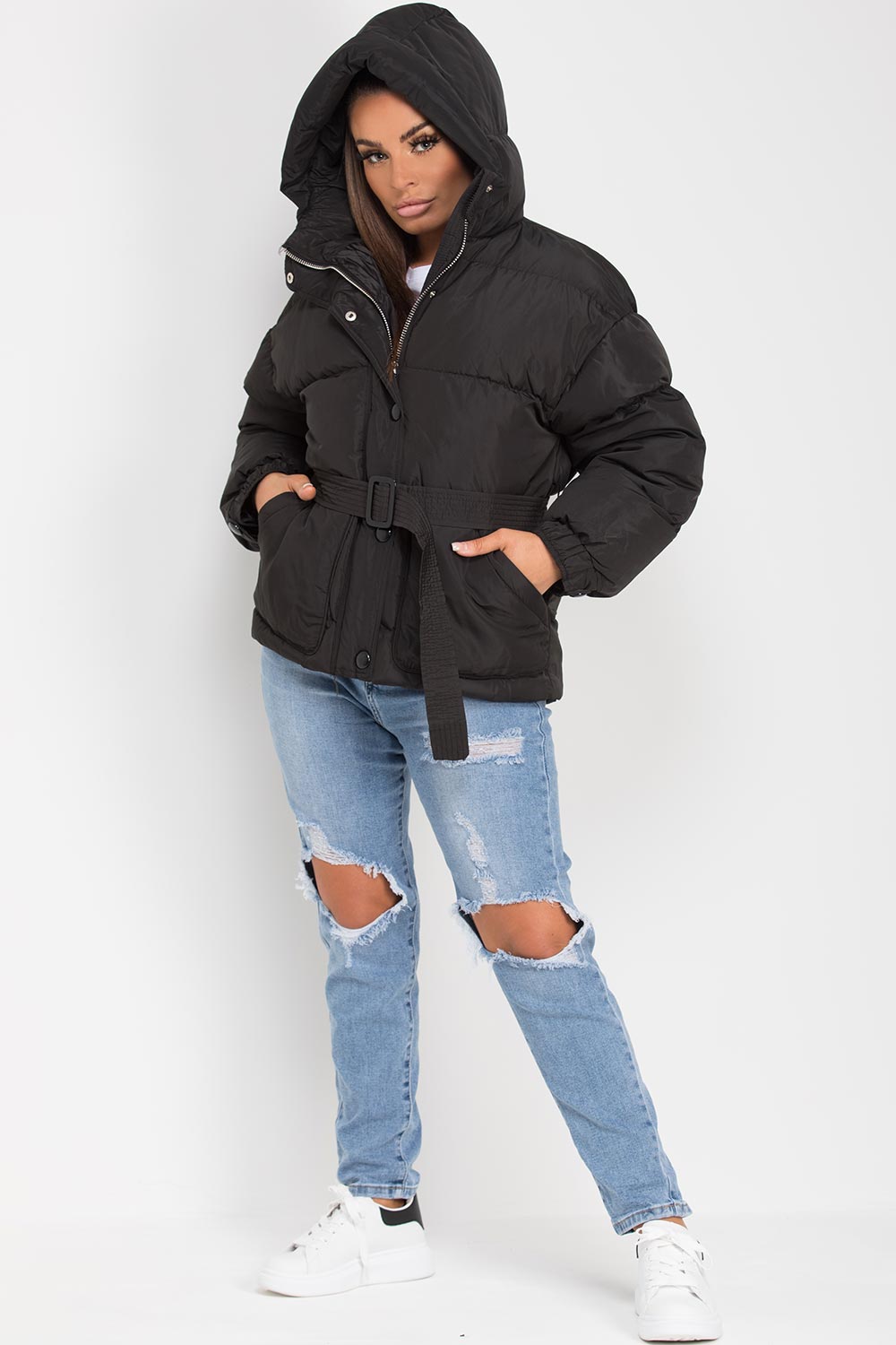 Black Puffer Padded Jacket With Belt