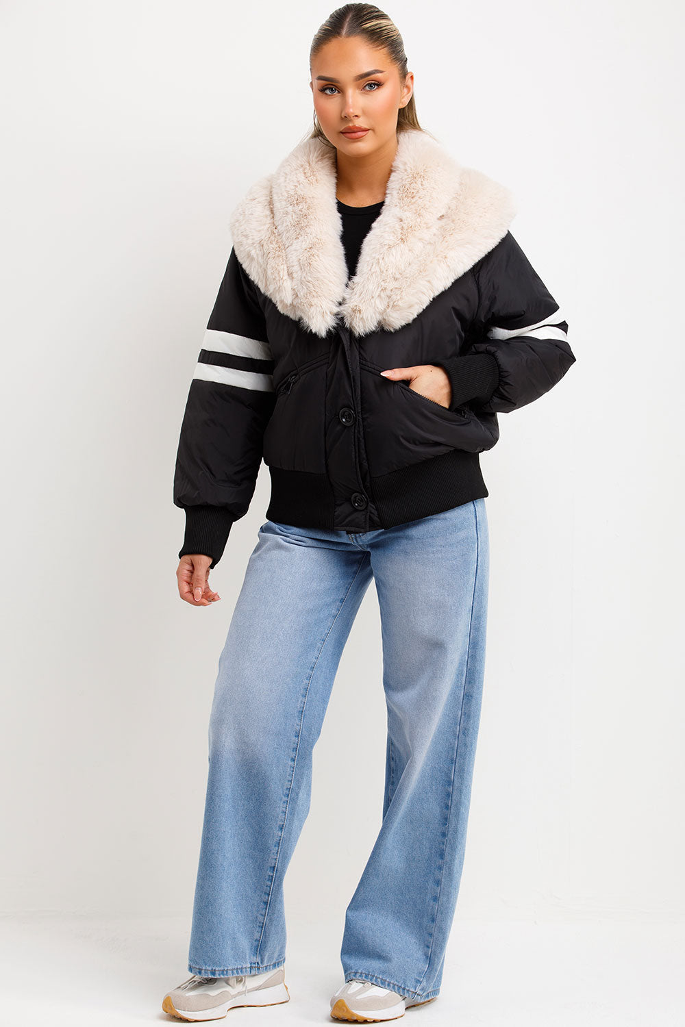 Aviator Bomber Jacket With Faux Fur And Stripe Detail Black