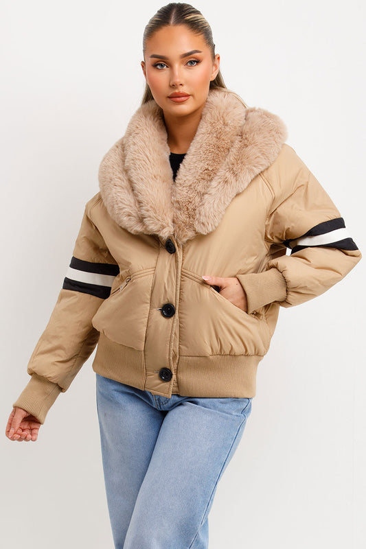 Aviator Bomber Jacket With Faux Fur And Stripe Detail Beige