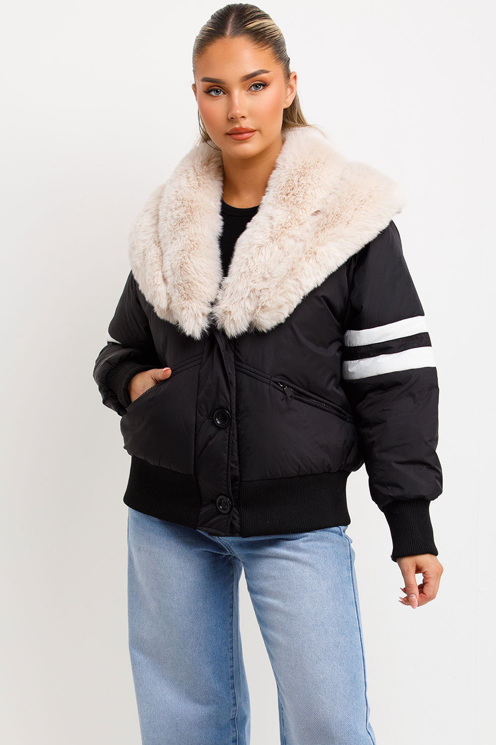 Aviator Bomber Jacket With Faux Fur And Stripe Detail Black