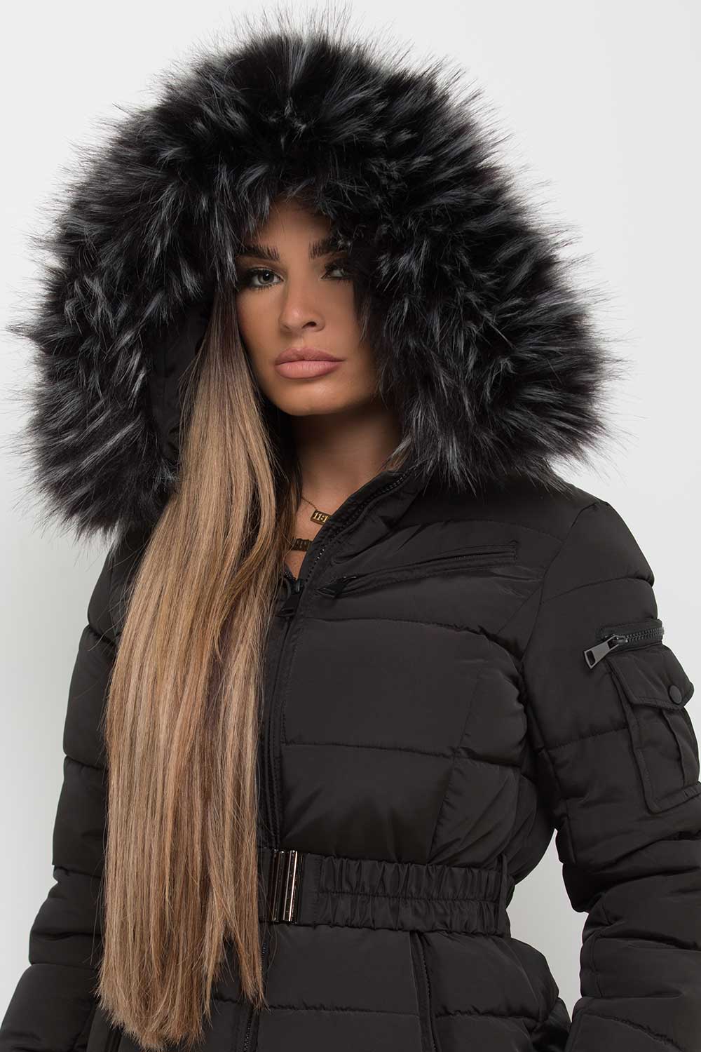 Faux Fur Hooded Jacket With Belt