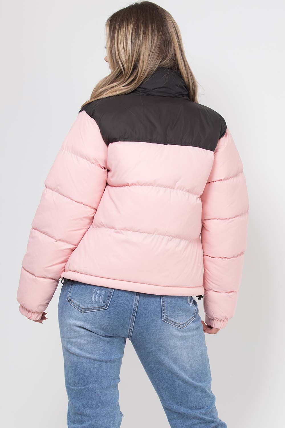 Puffer Jacket Pink And Black Colour Block