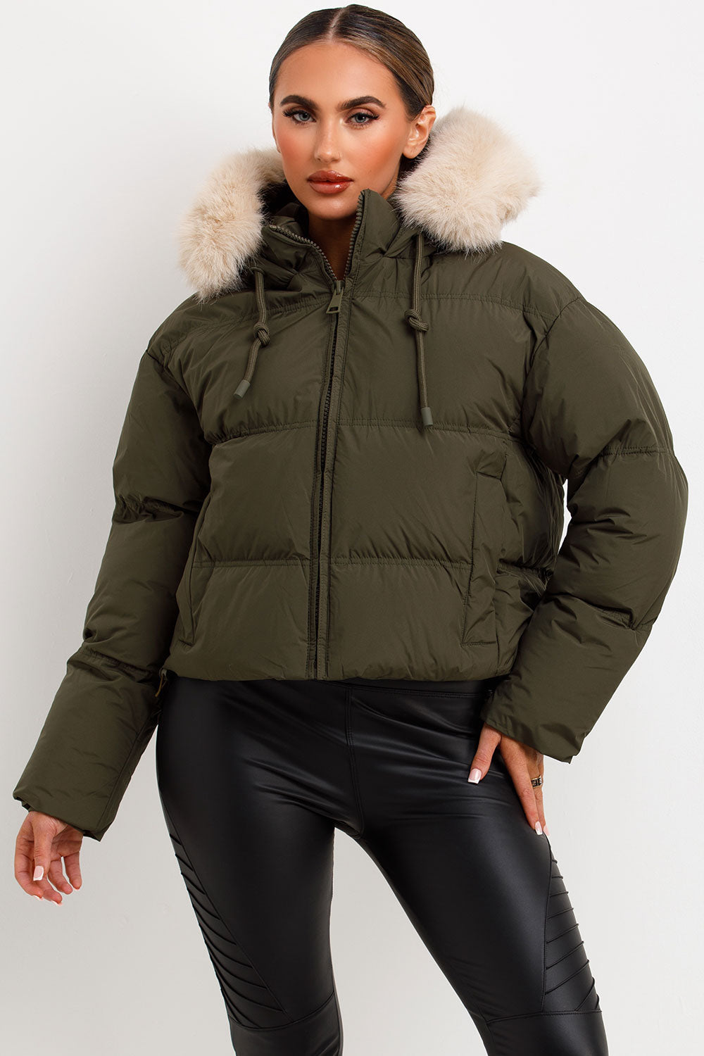 Puffer Jacket With Faux Fur Hood Khaki